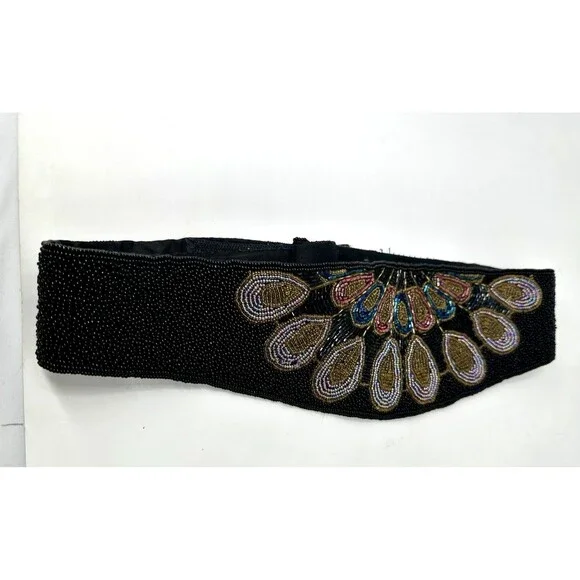 Vintage 1980's Black Multi Colored Hand Beaded Belt Snap Closure 29 black base - Picture 1 of 4
